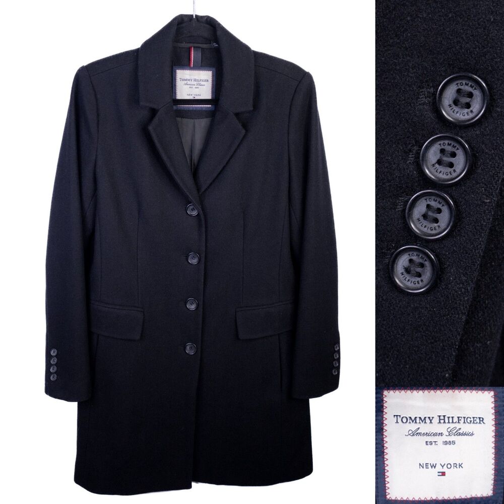 Tommy Hilfiger Women's Black Sport Jacket Long Coat Solid Black Sz S Small Wool
